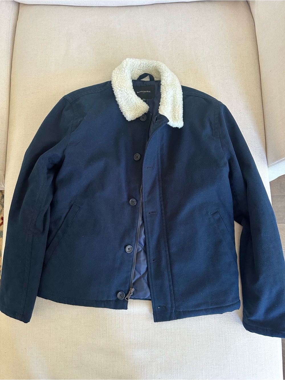 Banana Republic Men’s Navy Jacket with Cream Sherpa Collar